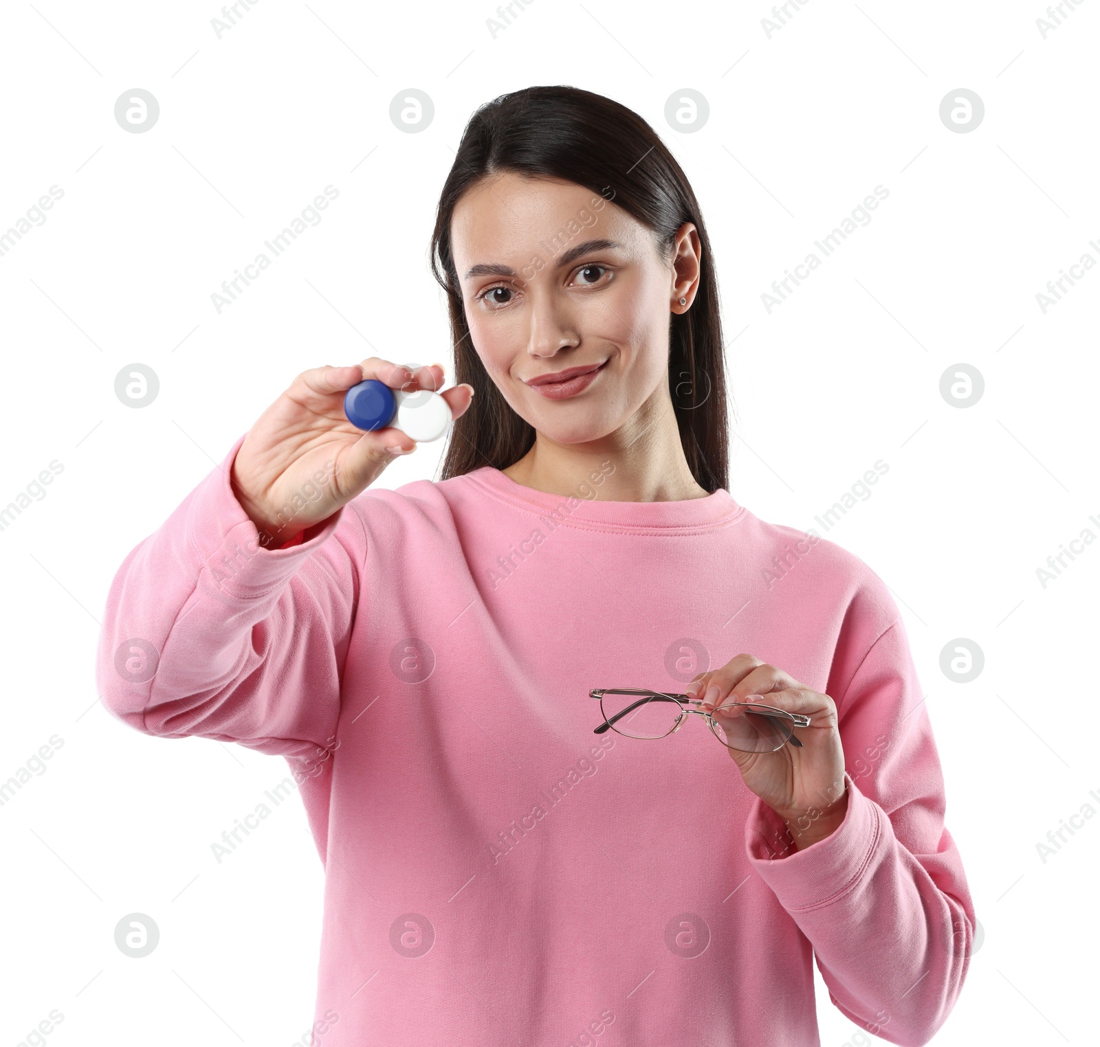 Photo of Woman choosing between glasses and contact lenses on white background