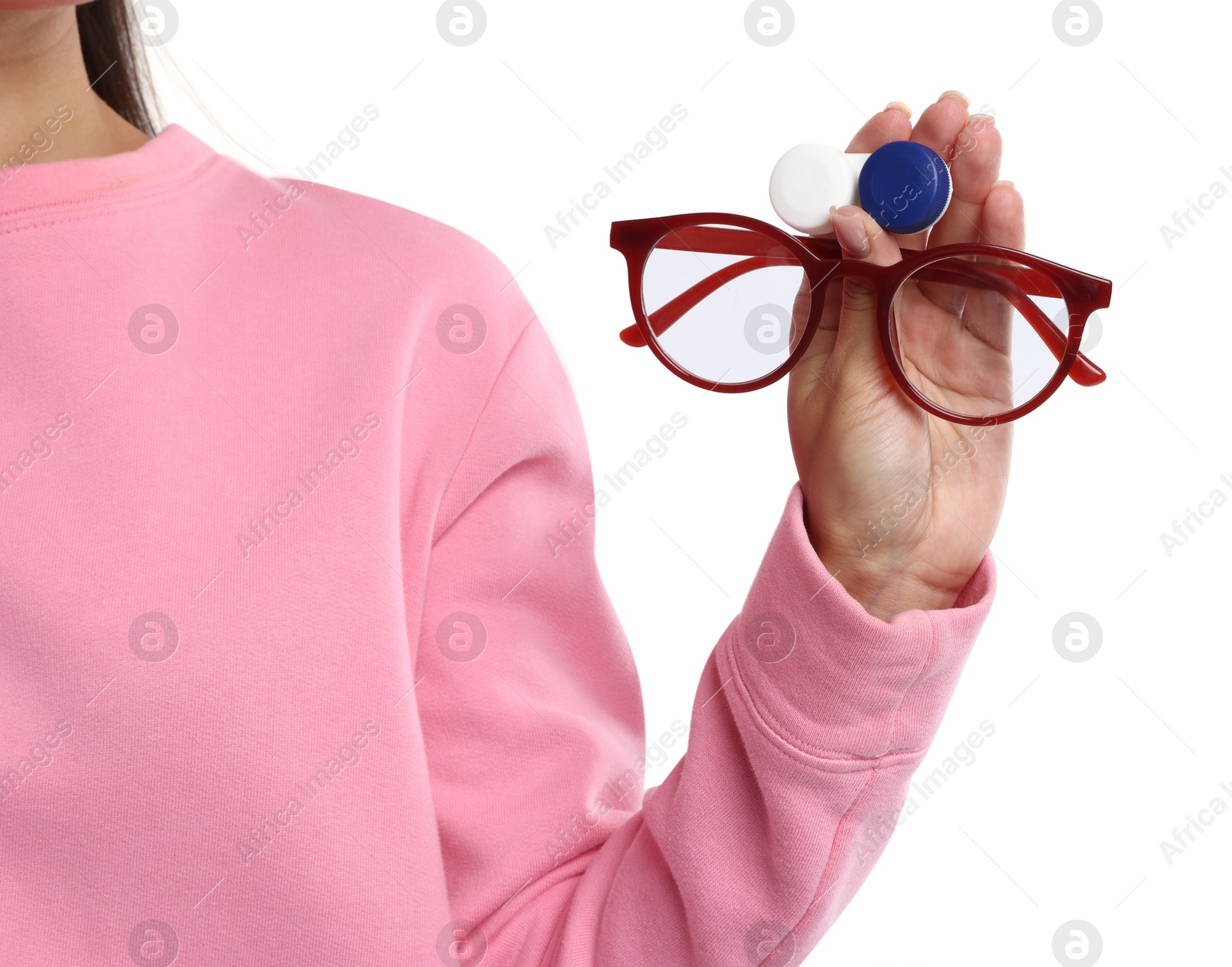 Photo of Woman choosing between glasses and contact lenses on white background, closeup