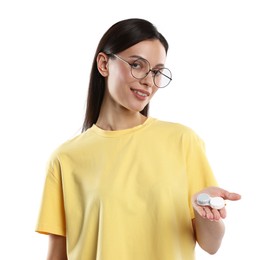 Photo of Woman in glasses with contact lenses on white background