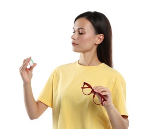 Photo of Woman choosing between glasses and contact lenses on white background