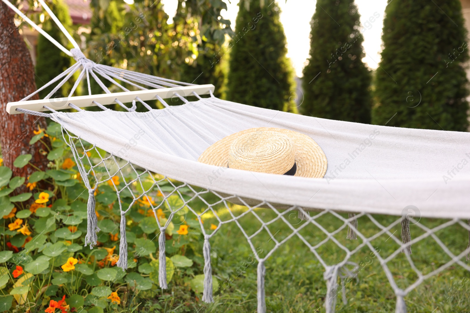 Photo of One straw hat on hammock in garden