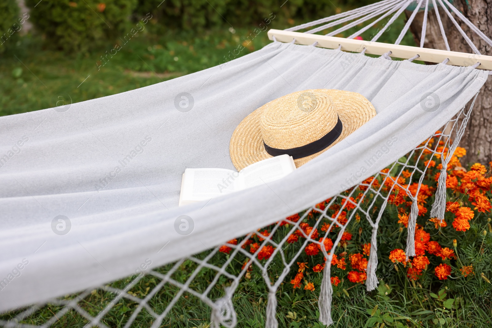 Photo of Straw hat and book on hammock outdoors