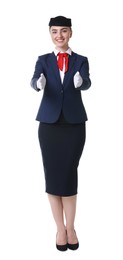 Photo of Positive stewardess doing pre-flight safety briefing on white background