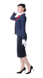 Photo of Charming stewardess in uniform on white background
