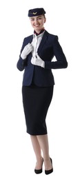 Photo of Charming stewardess in uniform on white background