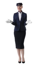 Photo of Positive stewardess doing pre-flight safety briefing on white background