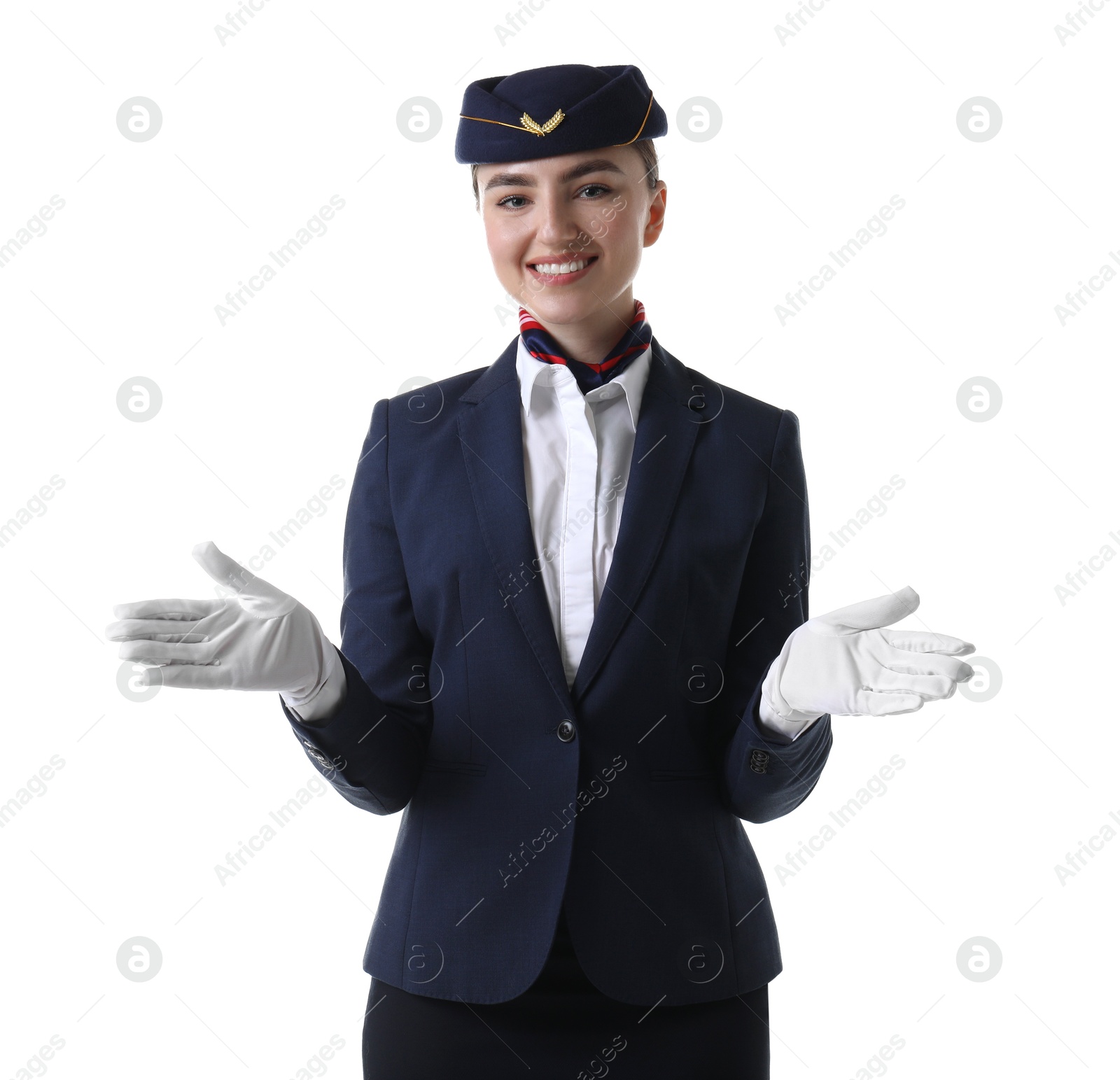 Photo of Positive stewardess doing pre-flight safety briefing on white background