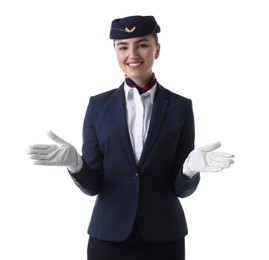 Photo of Positive stewardess doing pre-flight safety briefing on white background
