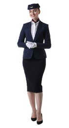 Photo of Charming stewardess in uniform on white background