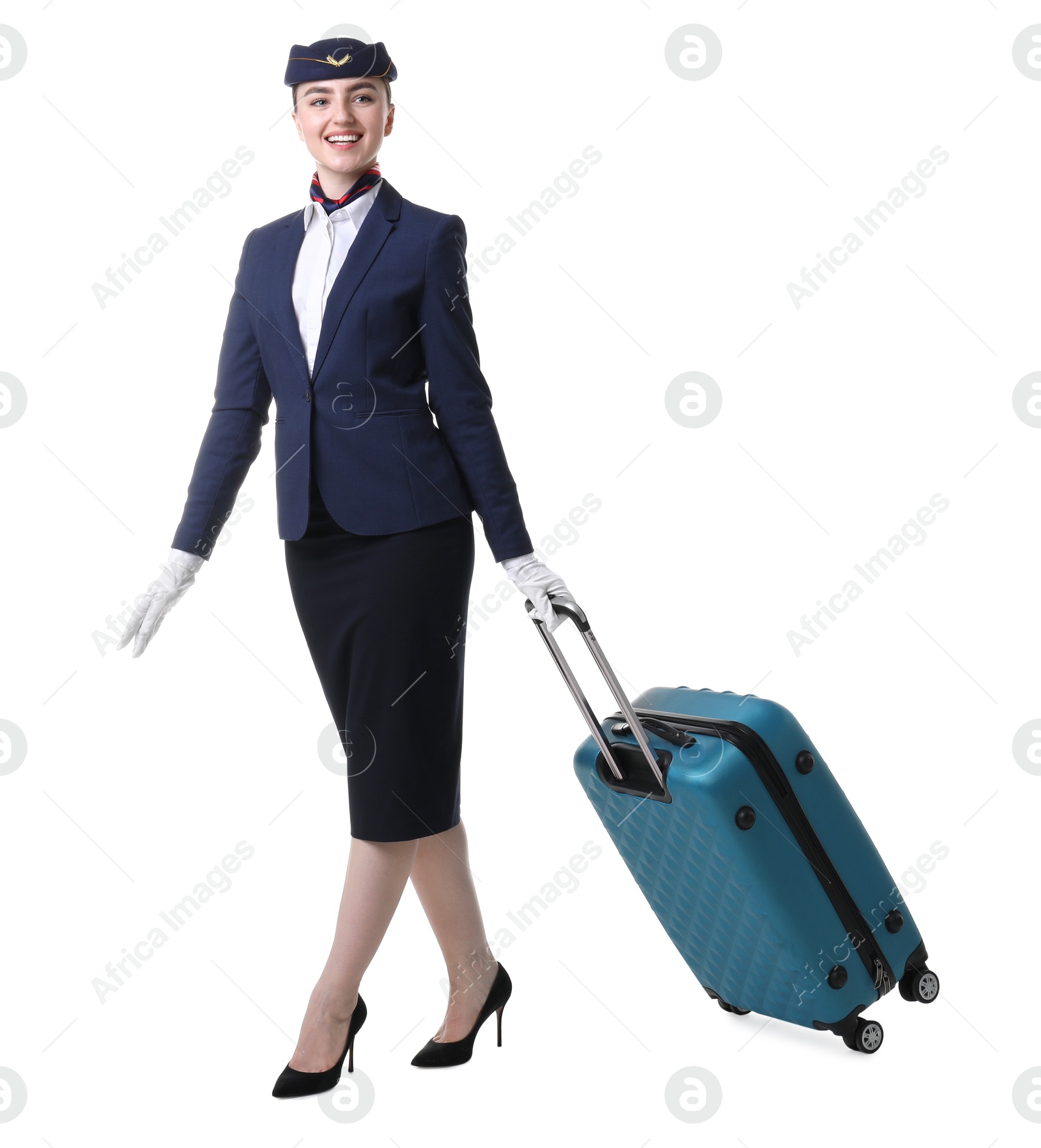 Photo of Positive stewardess with suitcase on white background