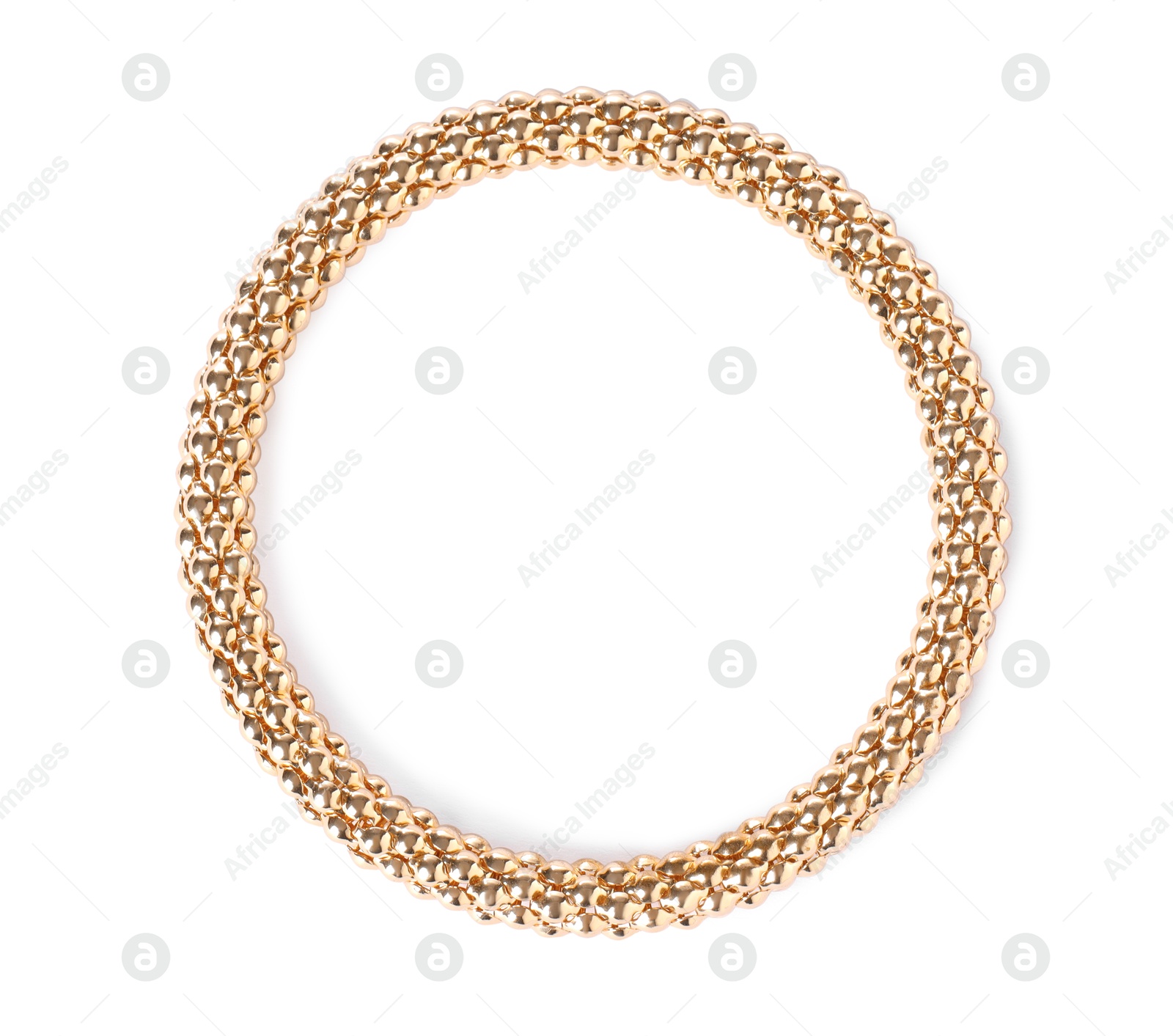 Photo of Stylish gold bracelet isolated on white, top view
