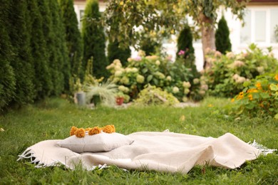 Photo of Blanket and pillow on green grass in garden