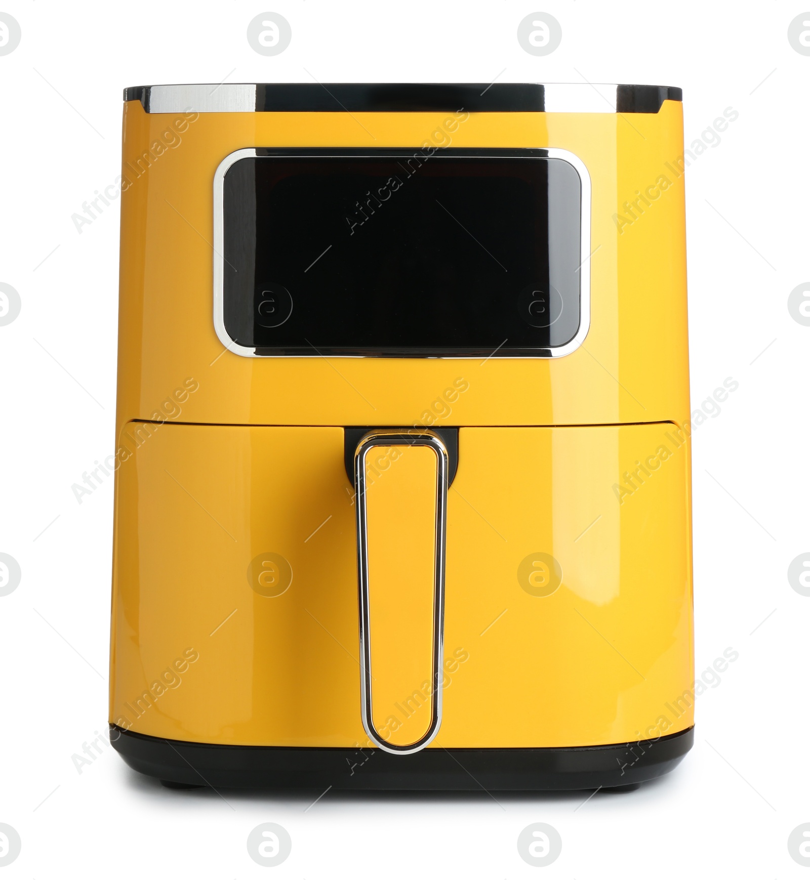 Photo of Modern yellow air fryer isolated on white