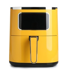 Photo of Modern yellow air fryer isolated on white