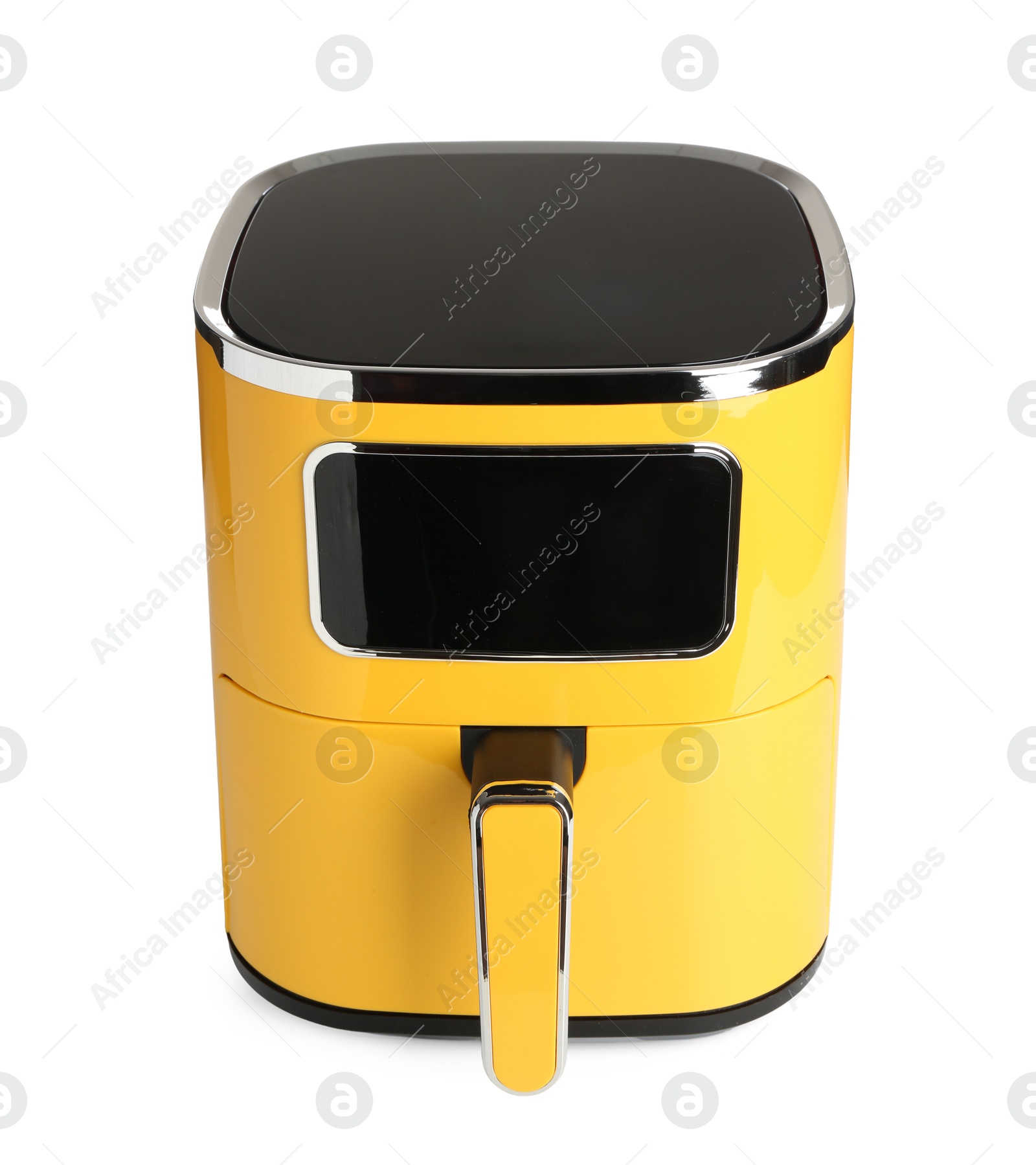 Photo of Modern yellow air fryer isolated on white