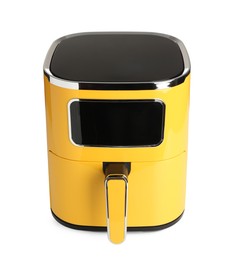 Photo of Modern yellow air fryer isolated on white