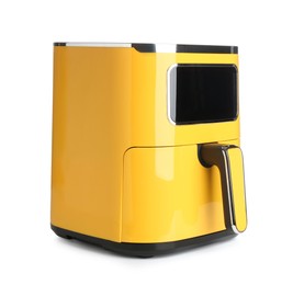 Photo of Modern yellow air fryer isolated on white