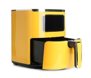 Photo of Modern yellow air fryer isolated on white