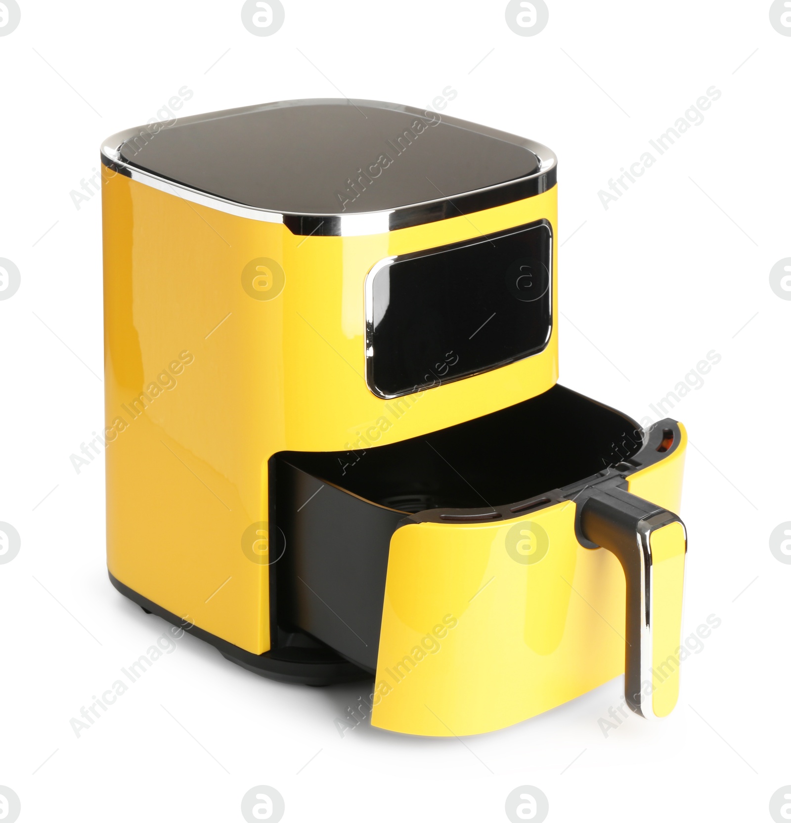 Photo of Modern yellow air fryer isolated on white