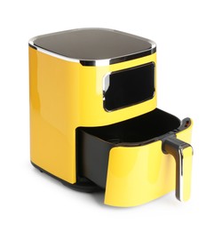 Photo of Modern yellow air fryer isolated on white