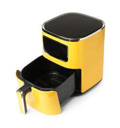 Photo of Modern yellow air fryer isolated on white