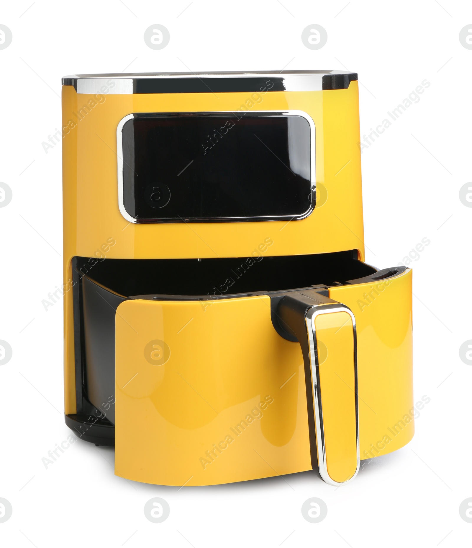 Photo of Modern yellow air fryer isolated on white
