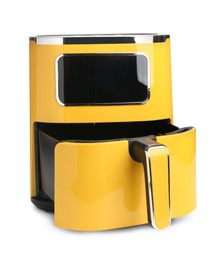 Photo of Modern yellow air fryer isolated on white