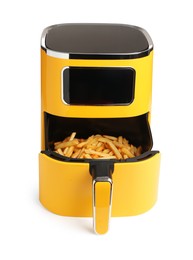 Photo of Air fryer with cooked fries isolated on white