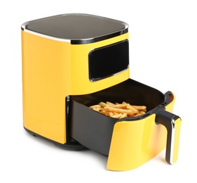Photo of Air fryer with cooked fries isolated on white