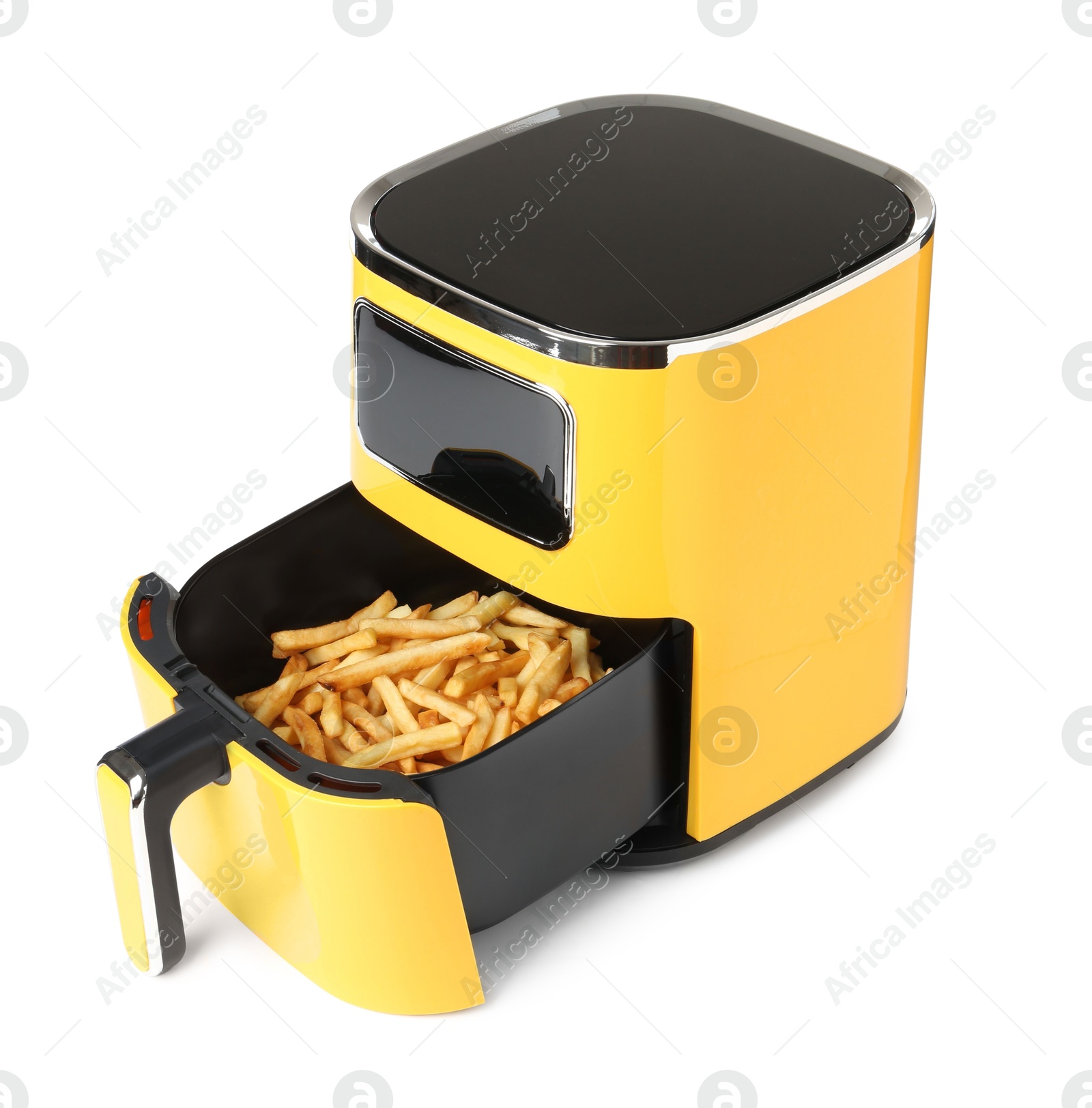 Photo of Air fryer with cooked fries isolated on white