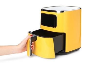 Photo of Woman with modern air fryer on white background, closeup