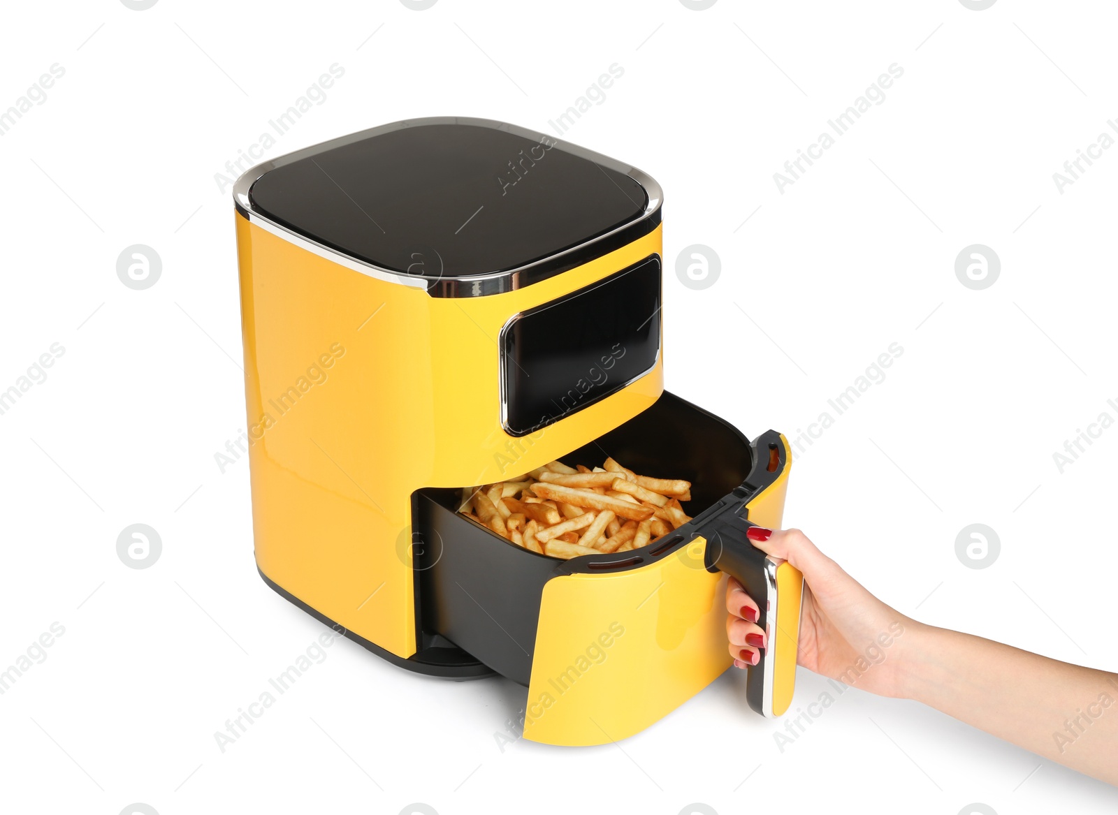 Photo of Woman taking basket with fries out of air fryer on white background, closeup