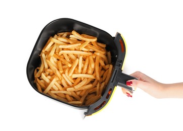 Photo of Woman with fries in air fryer basket on white background, top view