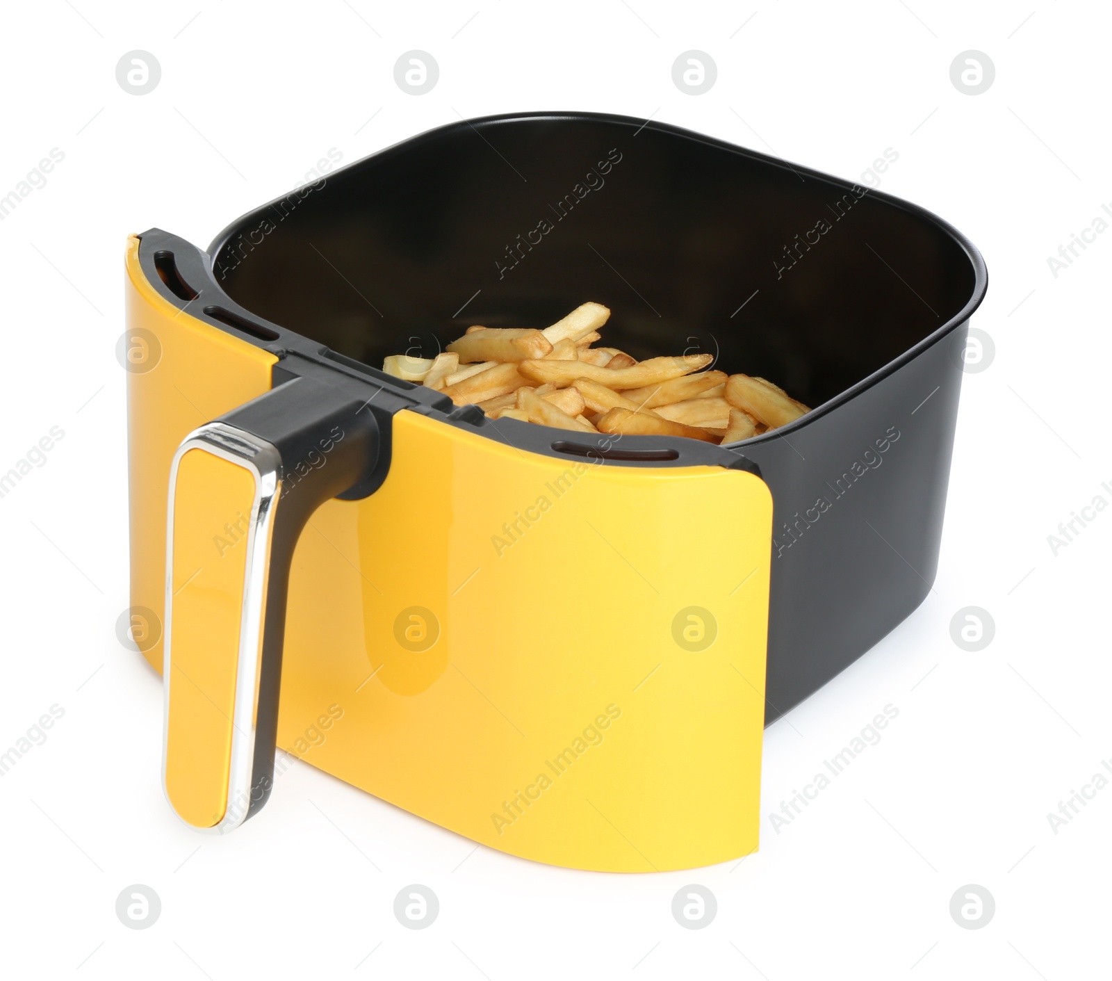 Photo of Air fryer basket with fries isolated on white