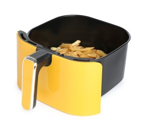 Photo of Air fryer basket with fries isolated on white