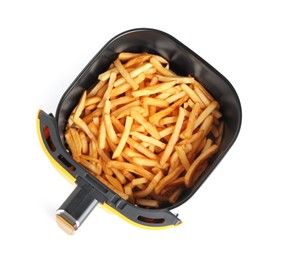 Photo of Air fryer basket with fries isolated on white, top view