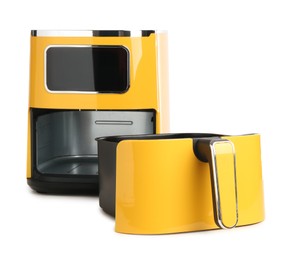 Photo of Modern yellow air fryer isolated on white