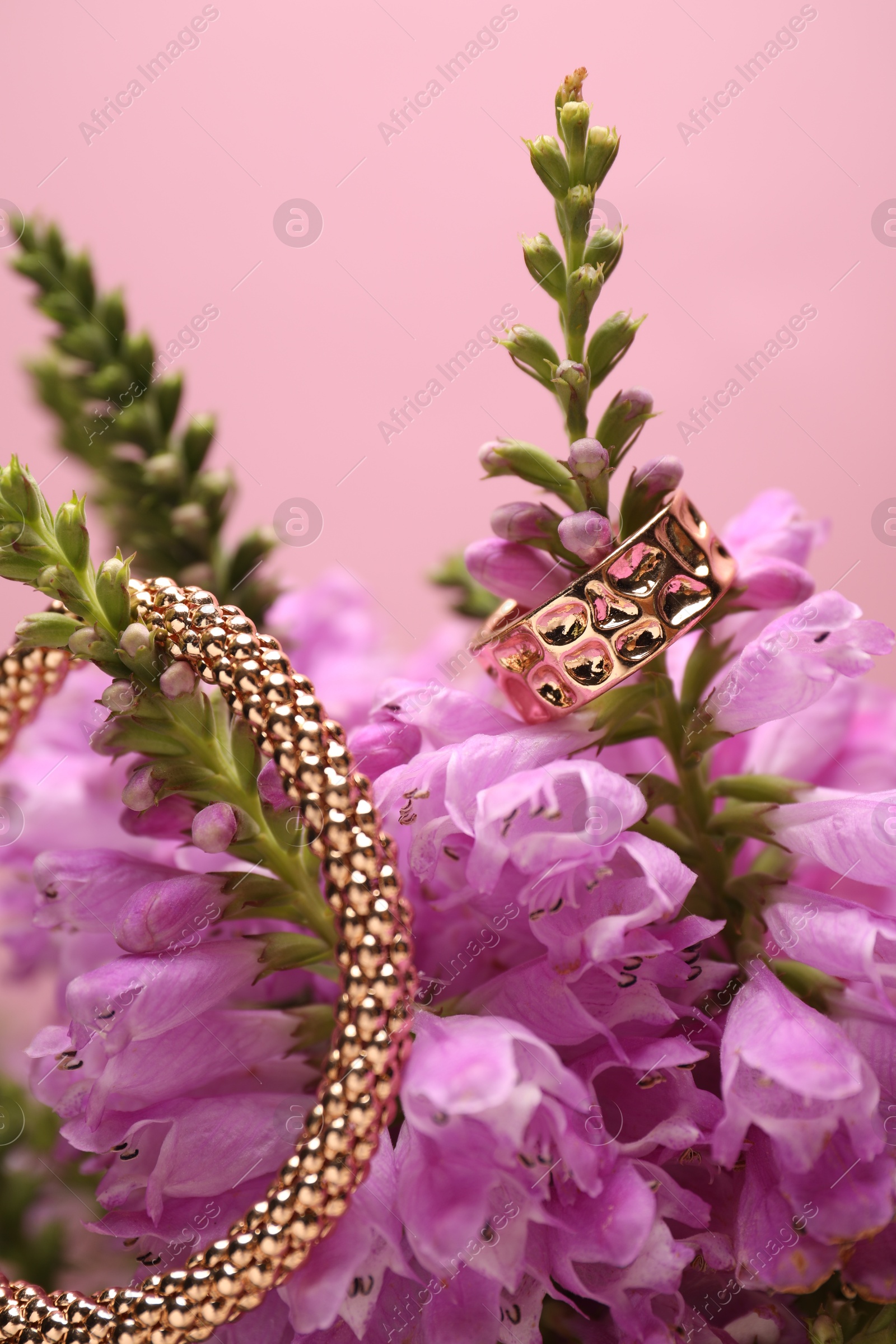 Photo of Stylish gold ring, bracelet and beautiful flowers against pink background, closeup