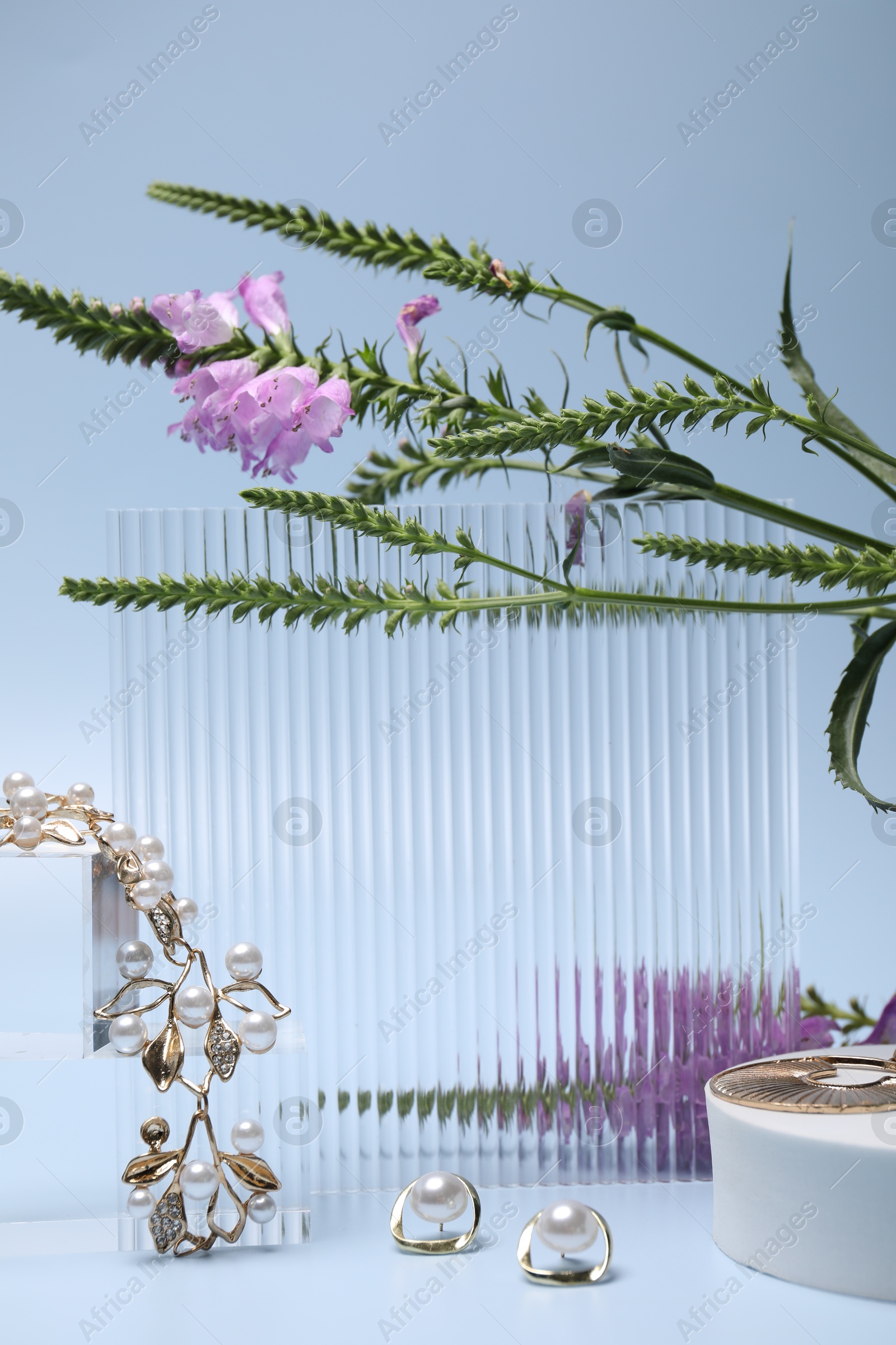 Photo of Stylish presentation of gold jewelry on light blue background