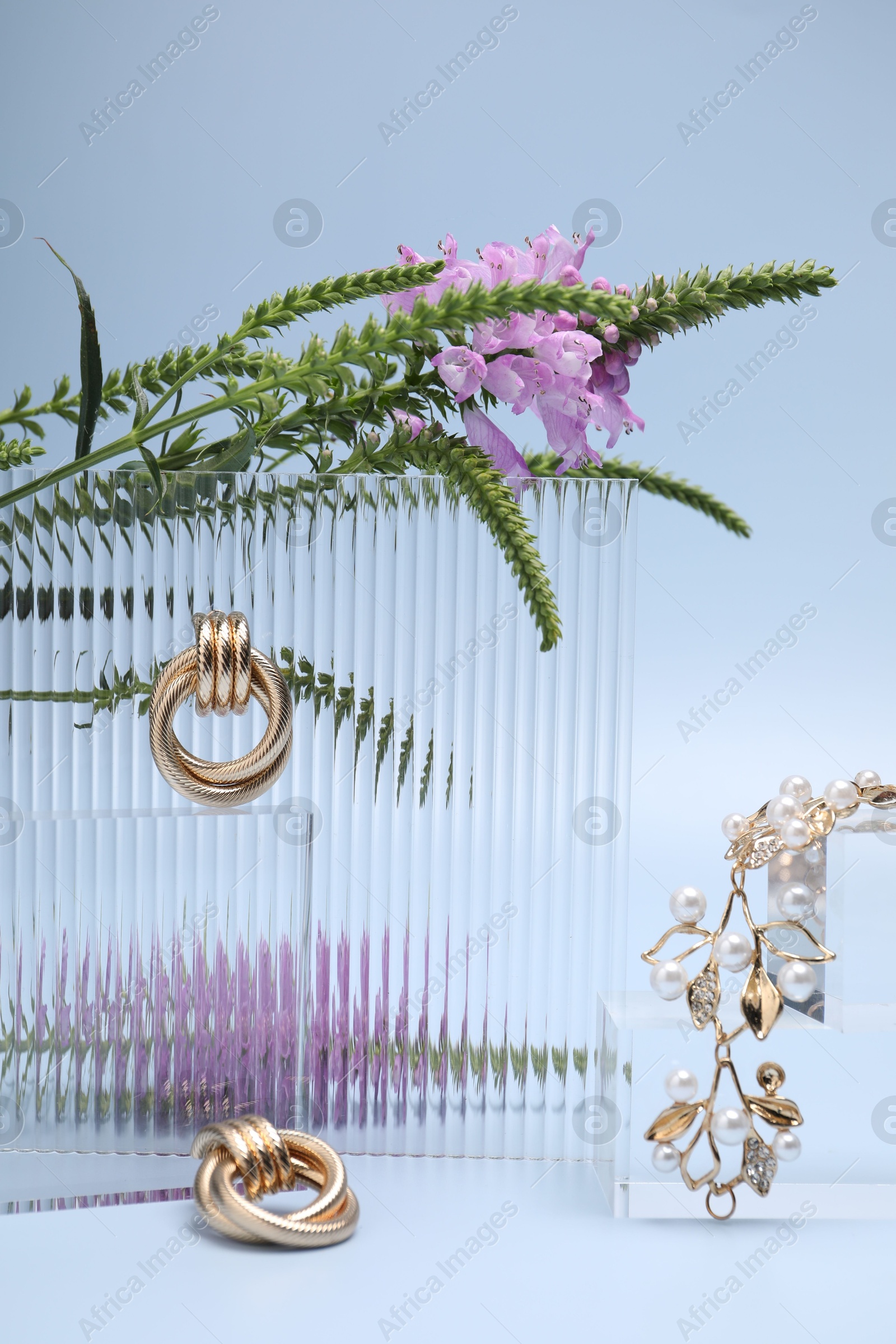 Photo of Stylish presentation of gold jewelry on light blue background