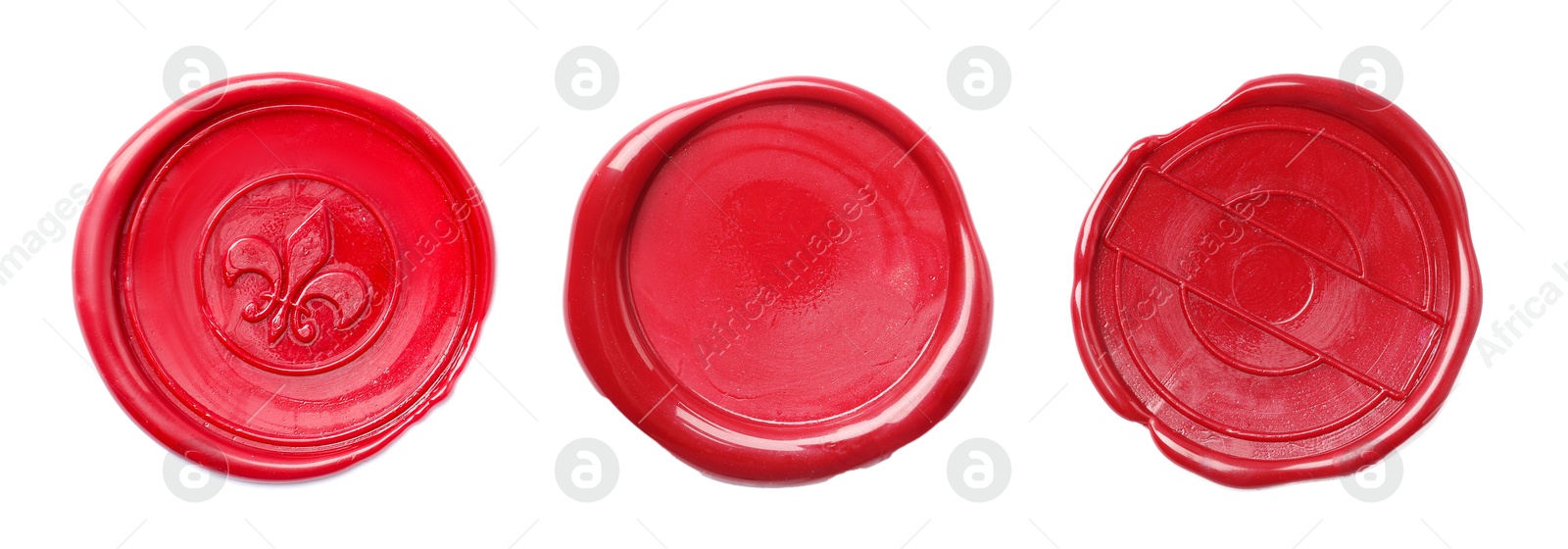 Image of Red wax seals isolated on white, set. Top view