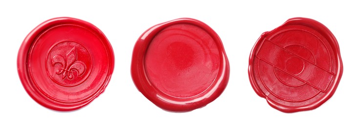 Image of Red wax seals isolated on white, set. Top view