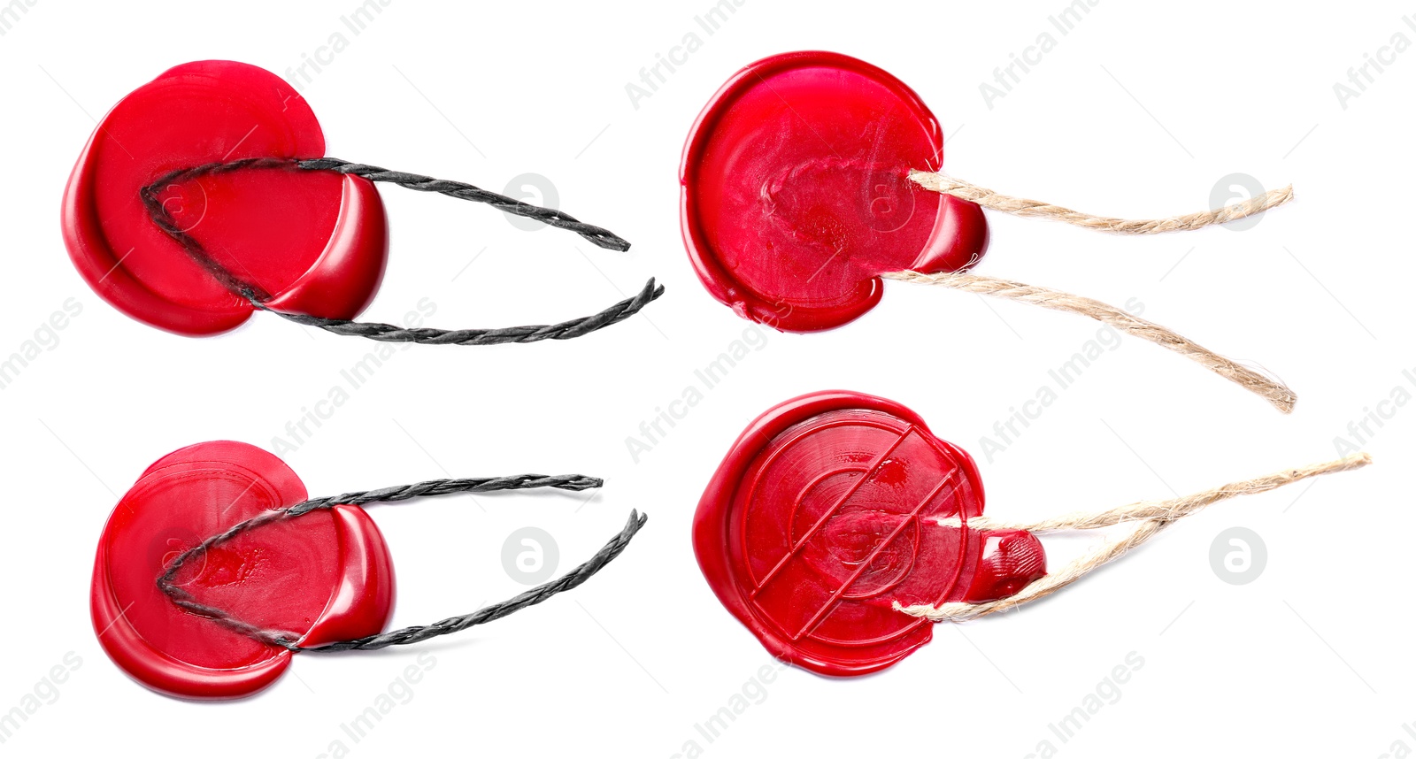 Image of Red wax seals with twine isolated on white, set. Top view