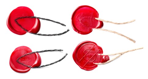 Image of Red wax seals with twine isolated on white, set. Top view