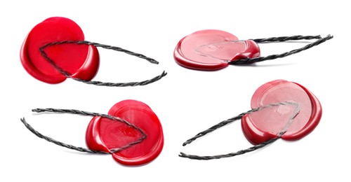 Image of Red wax seal with twine isolated on white, set
