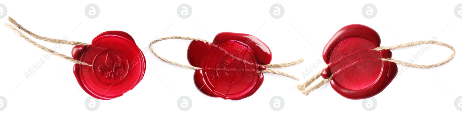 Image of Red wax seals with twine isolated on white, set. Top view