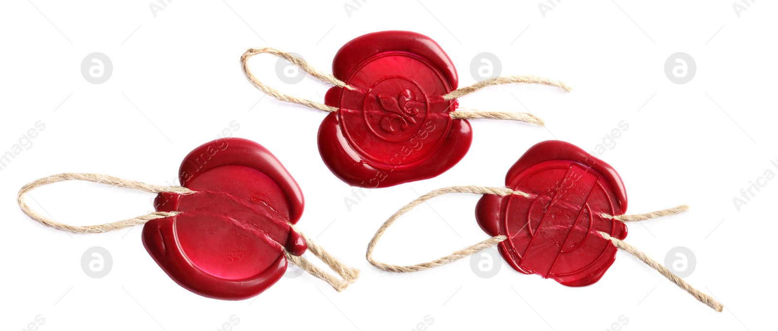 Image of Red wax seals with twine isolated on white, set. Top view