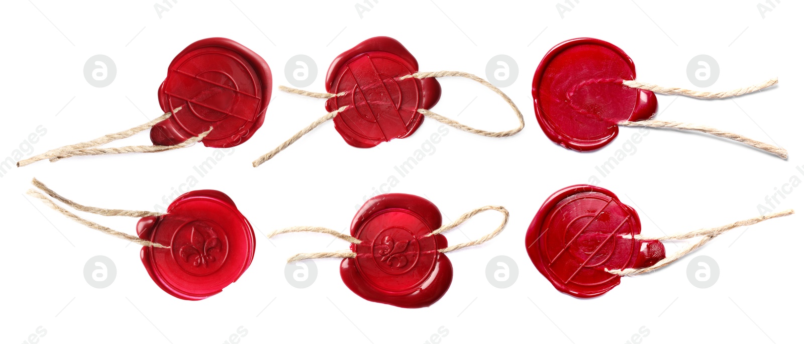 Image of Red wax seals with twine isolated on white, set. Top view
