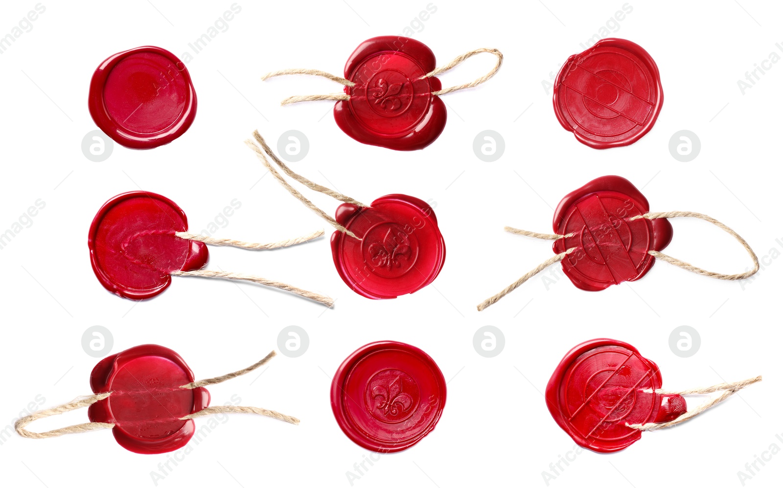 Image of Red wax seals isolated on white, set. Top view