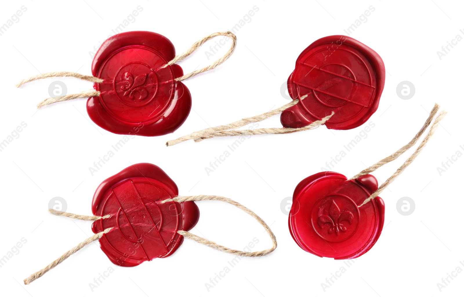 Image of Red wax seals with twine isolated on white, set. Top view